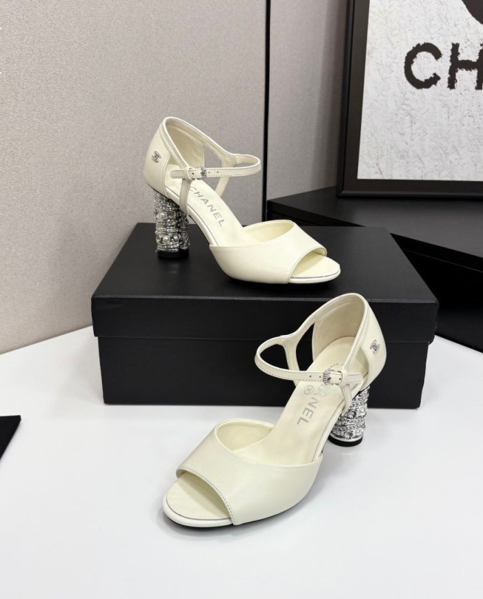 Chanel Women's Pearl Rhinestone Block Heel Open Toe Sandals
