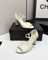 Chanel Women's Pearl Rhinestone Block Heel Open Toe Sandals