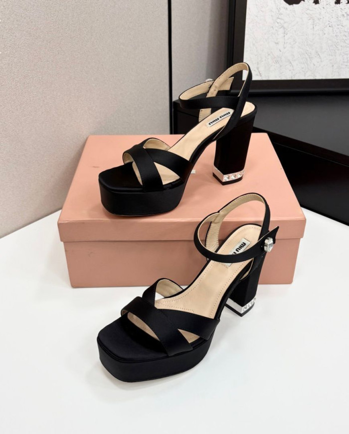 Miu Miu Rhinestone Buckle Chunky Heel Platform Sandals