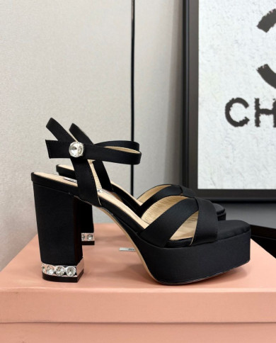 Miu Miu Rhinestone Buckle Chunky Heel Platform Sandals