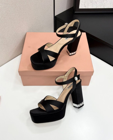 Miu Miu Rhinestone Buckle Chunky Heel Platform Sandals