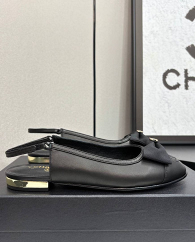 Chanel Double C Logo Bow Cap Toe Slingback Flats