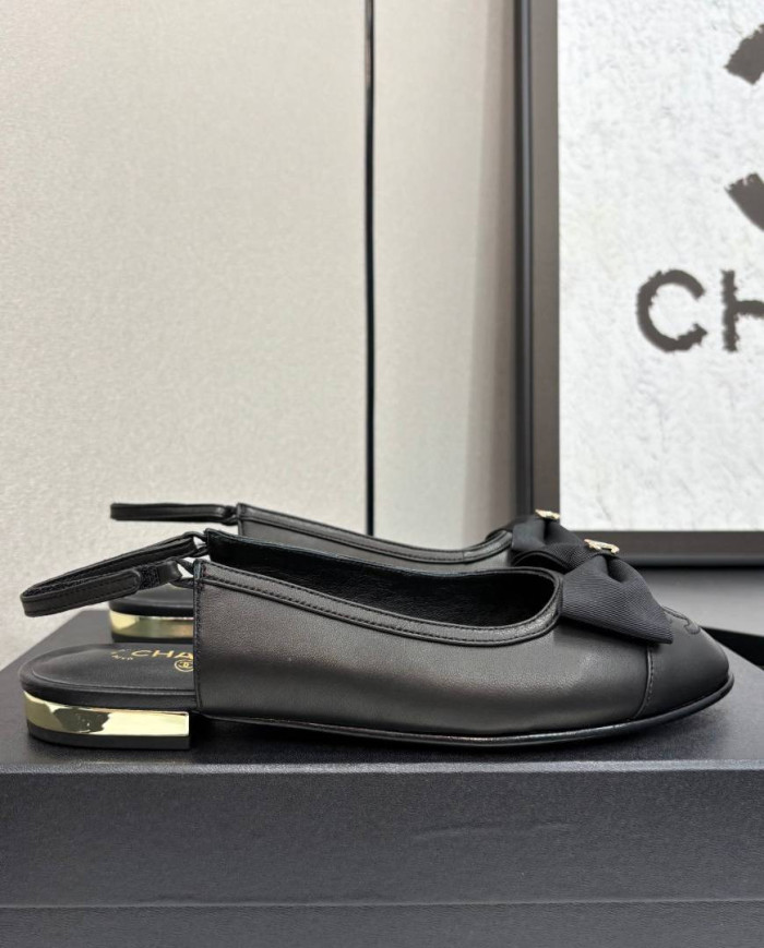 Chanel Double C Logo Bow Cap Toe Slingback Flats