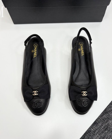 Chanel Double C Logo Bow Cap Toe Slingback Flats