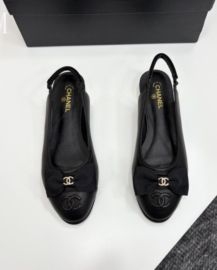 Chanel Double C Logo Bow Cap Toe Slingback Flats
