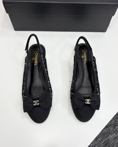 Chanel Tweed Double C Logo Bow Cap Toe Slingback Flats