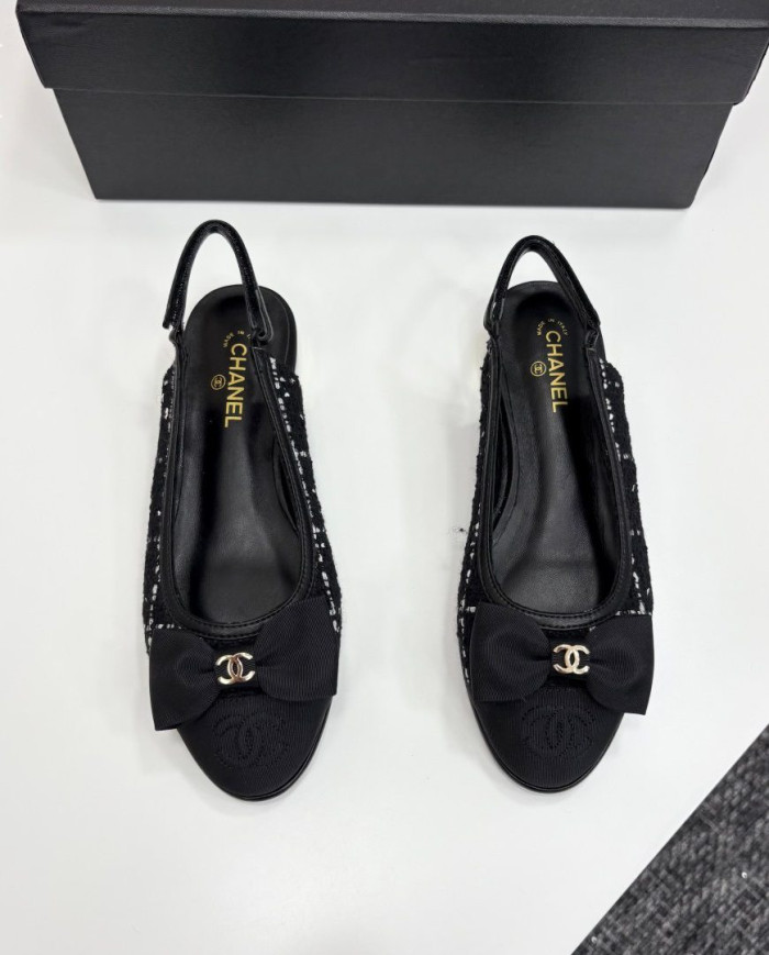 Chanel Tweed Double C Logo Bow Cap Toe Slingback Flats