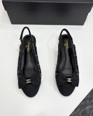Chanel Tweed Double C Logo Bow Cap Toe Slingback Flats