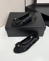 Chanel Tweed Double C Logo Bow Cap Toe Slingback Flats