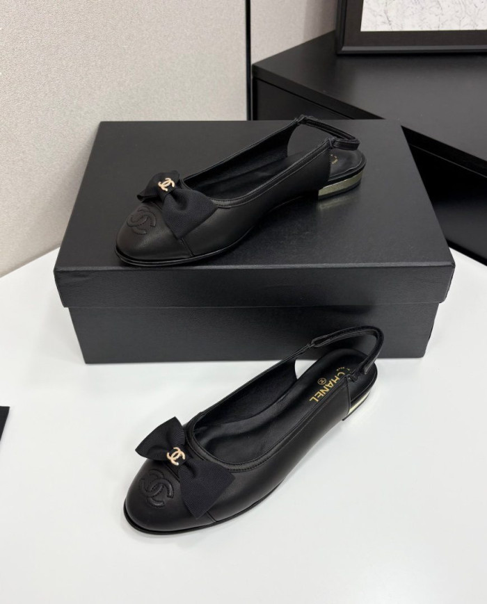 Chanel Double C Logo Bow Cap Toe Slingback Flats