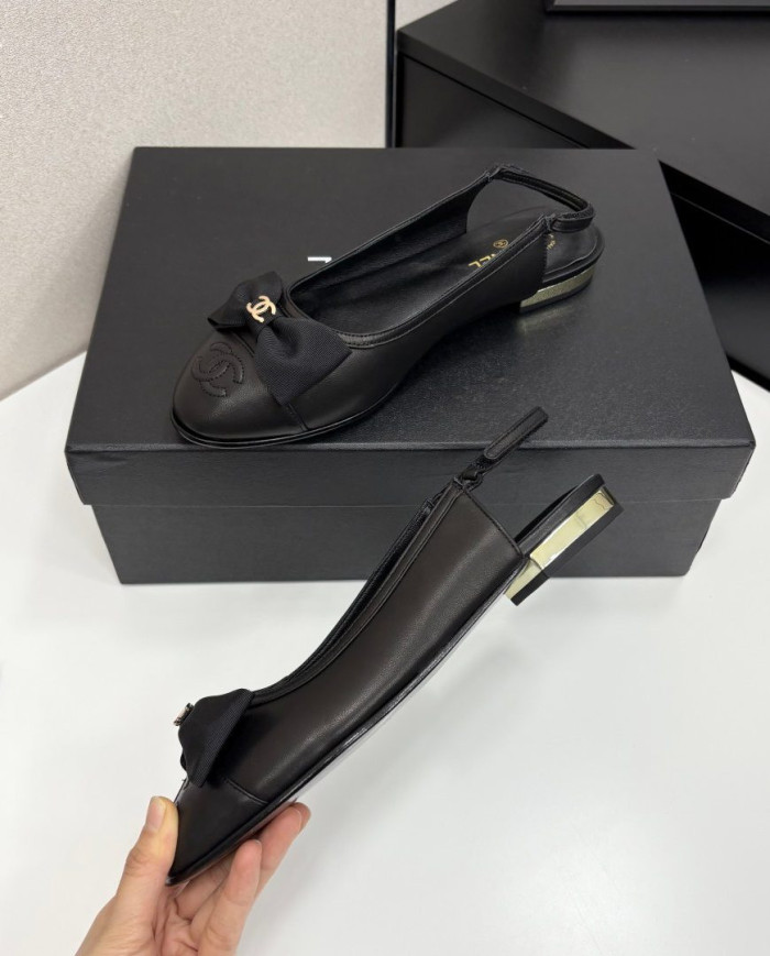 Chanel Double C Logo Bow Cap Toe Slingback Flats