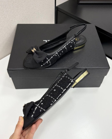 Chanel Tweed Double C Logo Bow Cap Toe Slingback Flats