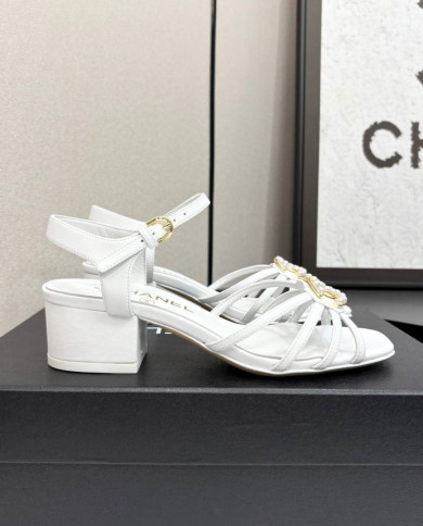 Chanel Pearl Double C Logo Mid Heel Sandals