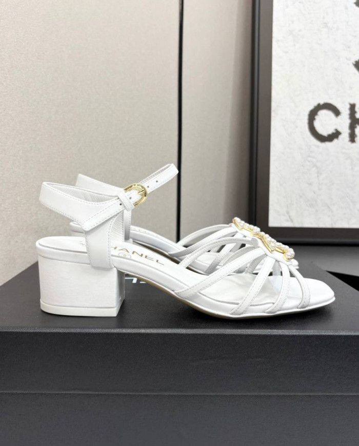 Chanel Pearl Double C Logo Mid Heel Sandals