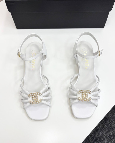 Chanel Pearl Double C Logo Mid Heel Sandals