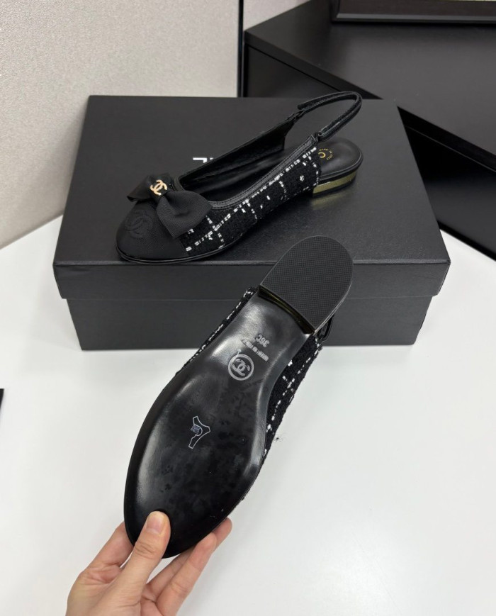 Chanel Tweed Double C Logo Bow Cap Toe Slingback Flats