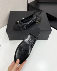Chanel Tweed Double C Logo Bow Cap Toe Slingback Flats