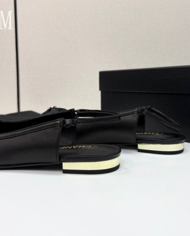 Chanel Double C Logo Bow Cap Toe Slingback Flats