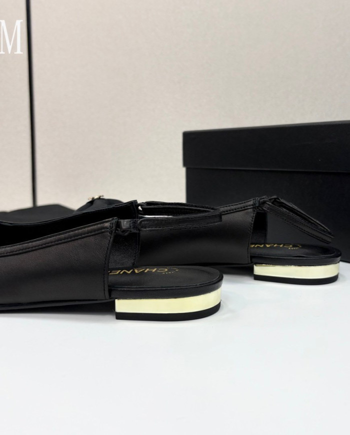 Chanel Double C Logo Bow Cap Toe Slingback Flats