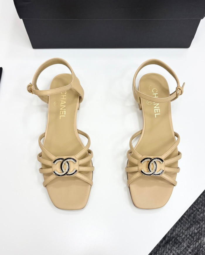 Chanel Rhinestone Double C Logo Strappy Low Heel Sandals