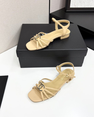 Chanel Rhinestone Double C Logo Strappy Low Heel Sandals