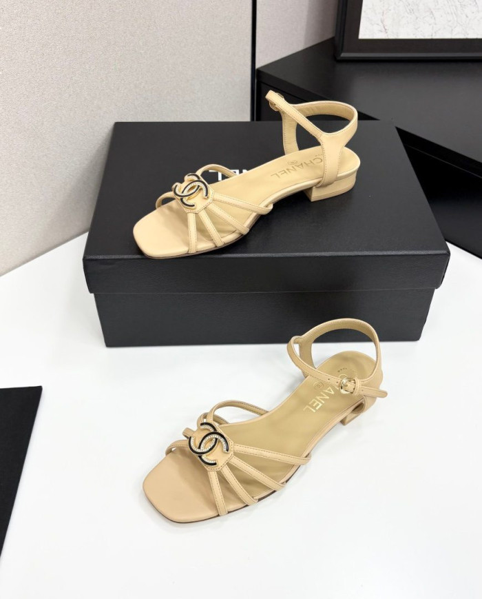 Chanel Rhinestone Double C Logo Strappy Low Heel Sandals