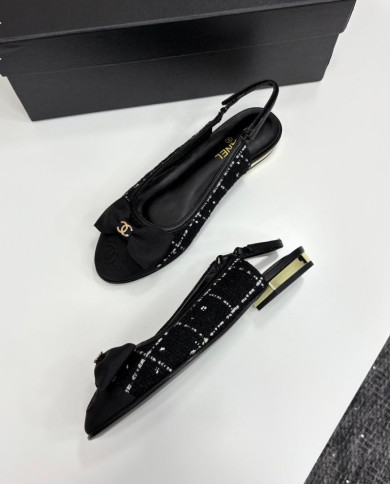 Chanel Tweed Double C Logo Bow Cap Toe Slingback Flats