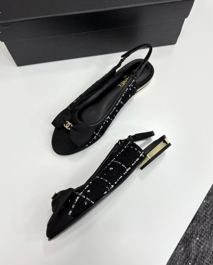 Chanel Tweed Double C Logo Bow Cap Toe Slingback Flats