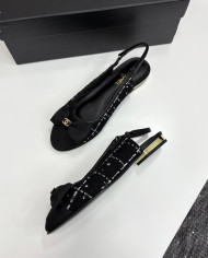 Chanel Tweed Double C Logo Bow Cap Toe Slingback Flats