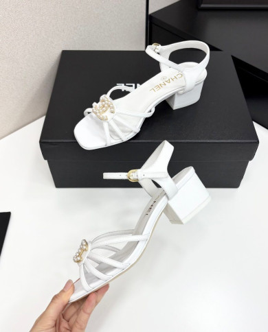 Chanel Pearl Double C Logo Mid Heel Sandals