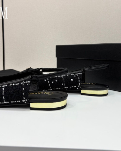 Chanel Tweed Double C Logo Bow Cap Toe Slingback Flats