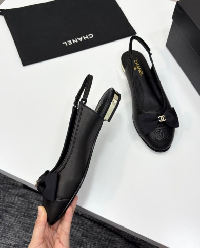 Chanel Double C Logo Bow Cap Toe Slingback Flats