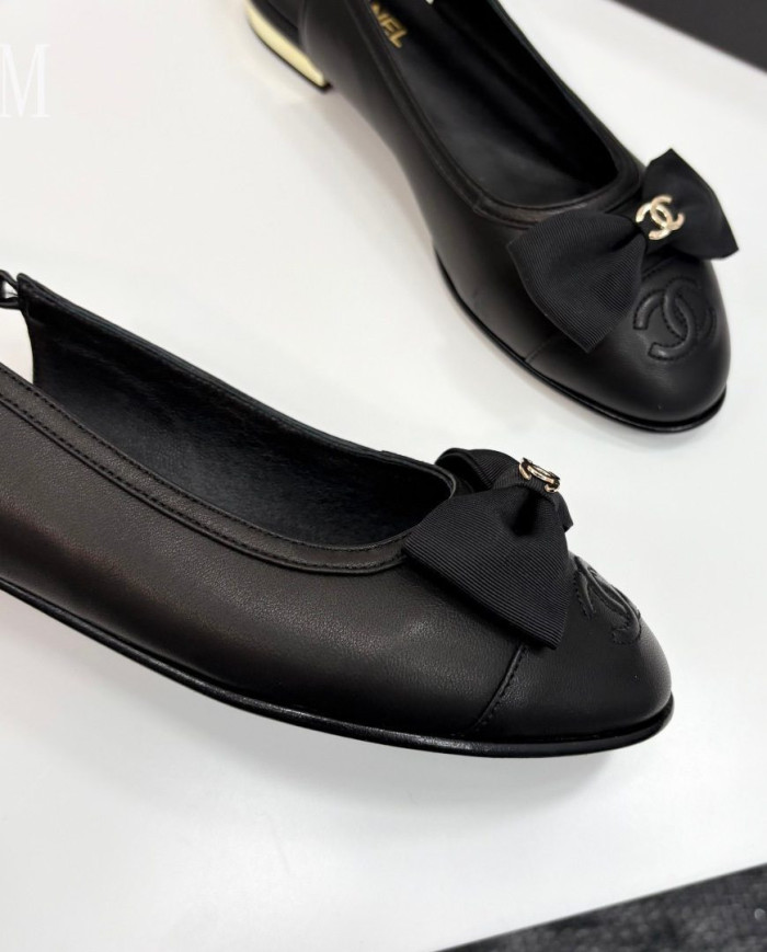 Chanel Double C Logo Bow Cap Toe Slingback Flats