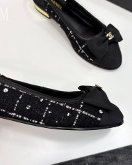 Chanel Tweed Double C Logo Bow Cap Toe Slingback Flats