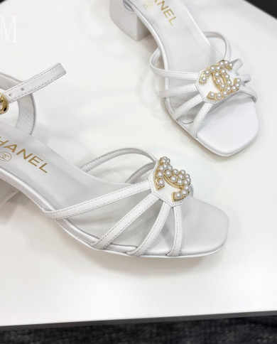 Chanel Pearl Double C Logo Mid Heel Sandals