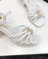 Chanel Pearl Double C Logo Mid Heel Sandals