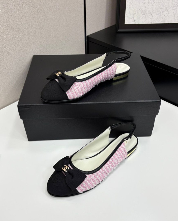 Chanel Tweed Double C Logo Bow Cap Toe Slingback Flats