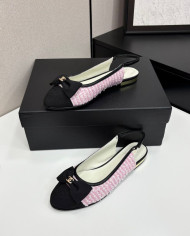 Chanel Tweed Double C Logo Bow Cap Toe Slingback Flats