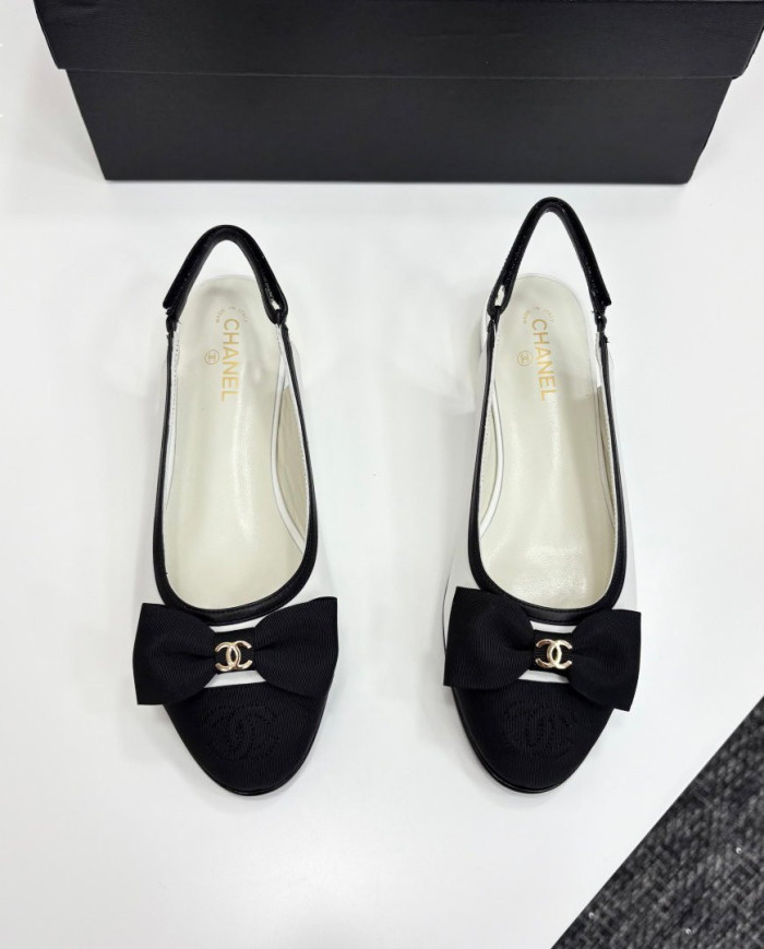 Chanel Double C Logo Bow Cap Toe Slingback Flats
