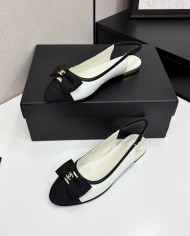 Chanel Double C Logo Bow Cap Toe Slingback Flats