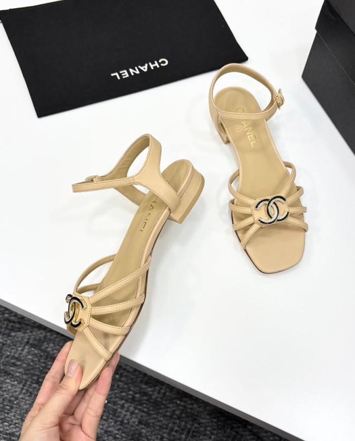 Chanel Rhinestone Double C Logo Strappy Low Heel Sandals