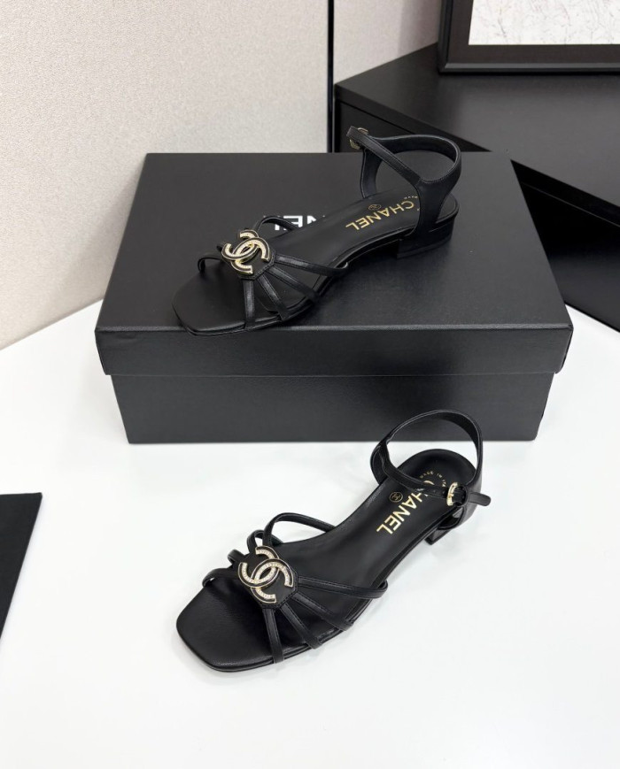 Chanel Rhinestone Double C Logo Strappy Low Heel Sandals