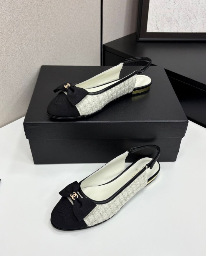 Chanel Tweed Double C Logo Bow Cap Toe Slingback Flats