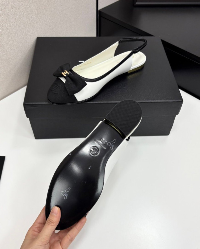 Chanel Double C Logo Bow Cap Toe Slingback Flats