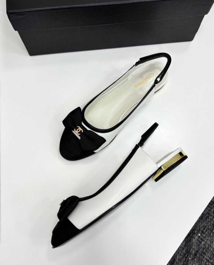 Chanel Double C Logo Bow Cap Toe Slingback Flats