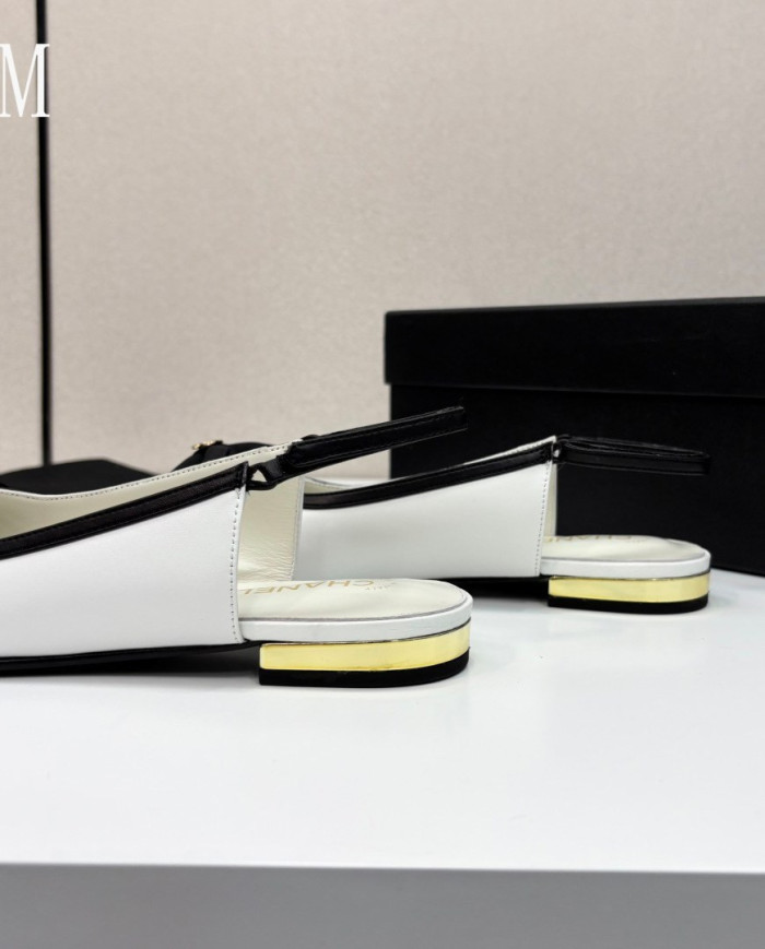 Chanel Double C Logo Bow Cap Toe Slingback Flats