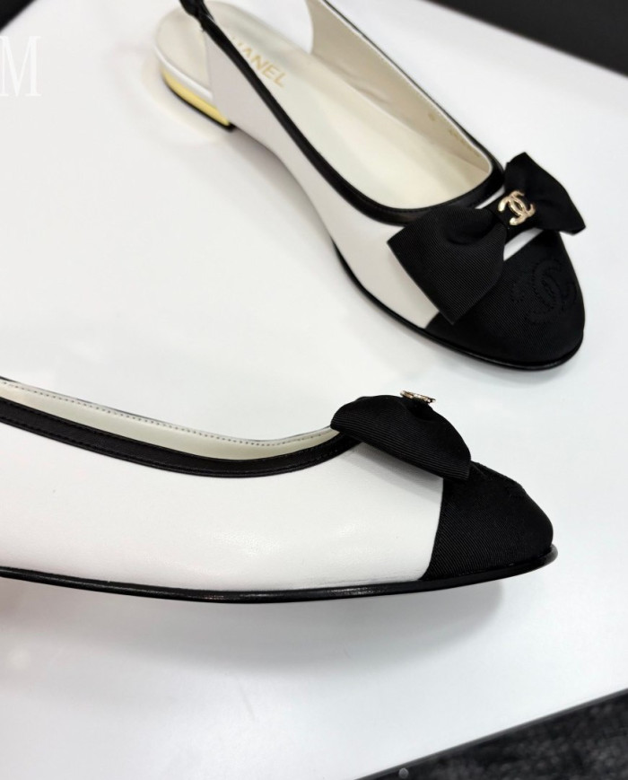 Chanel Double C Logo Bow Cap Toe Slingback Flats