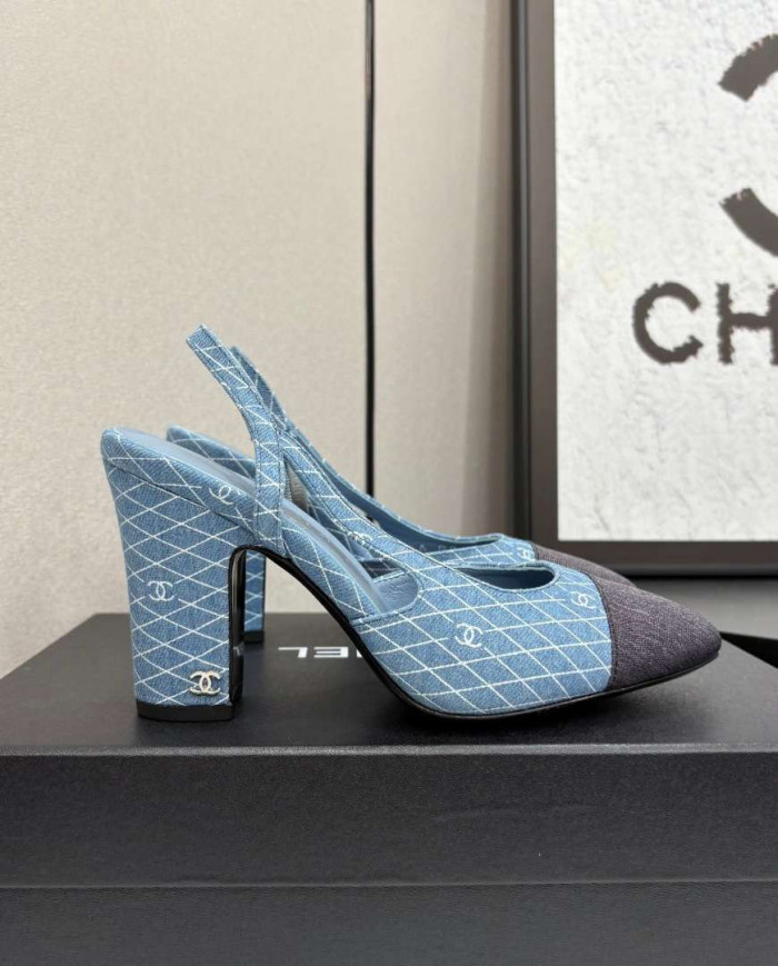 Chanel Denim Quilted Chunky Heel Slingback Pumps