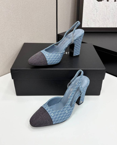 Chanel Denim Quilted Chunky Heel Slingback Pumps