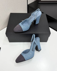 Chanel Denim Quilted Chunky Heel Slingback Pumps